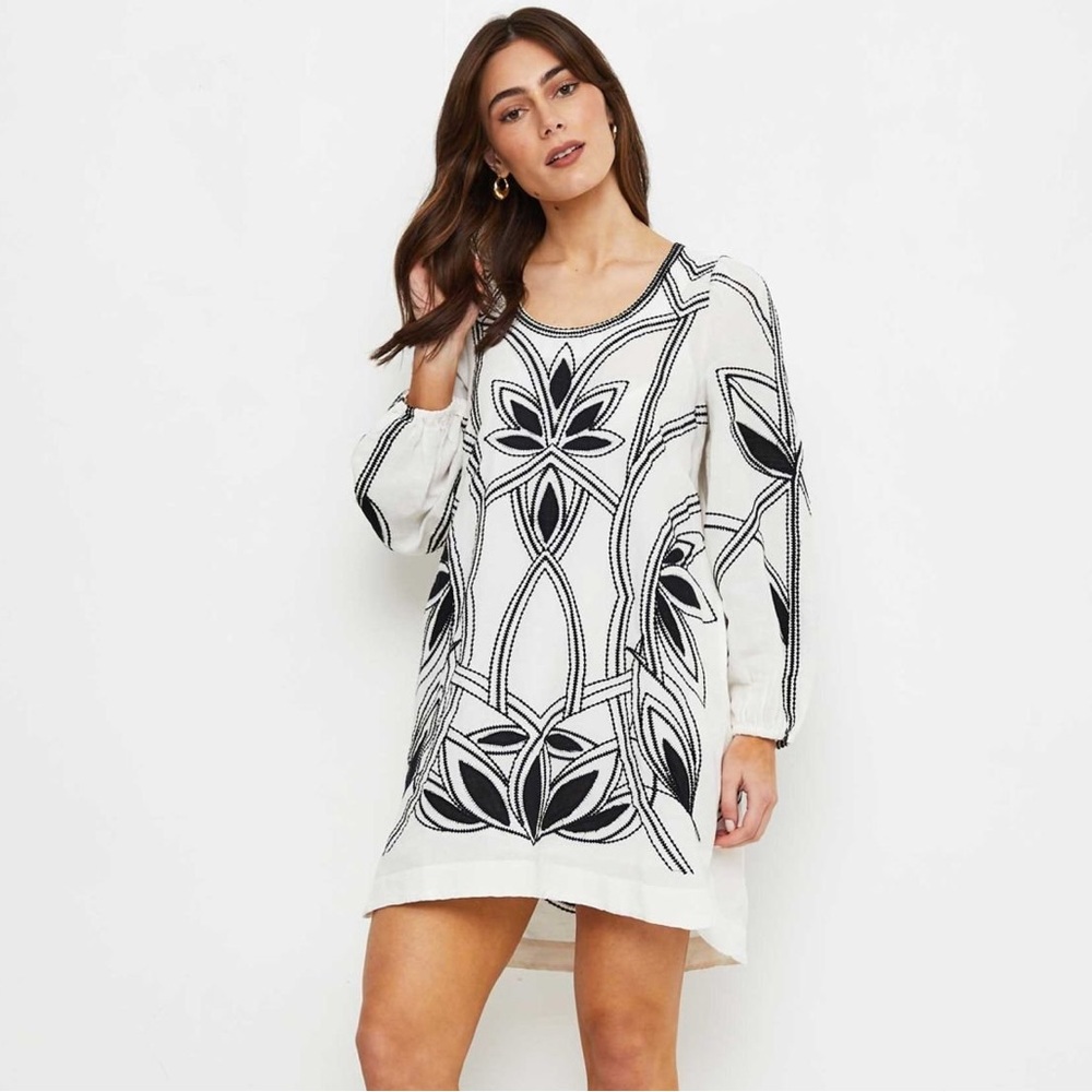 Scarlett Poppies Spirit Embroidered Mini Dress Linen-Blend Medium White/Black